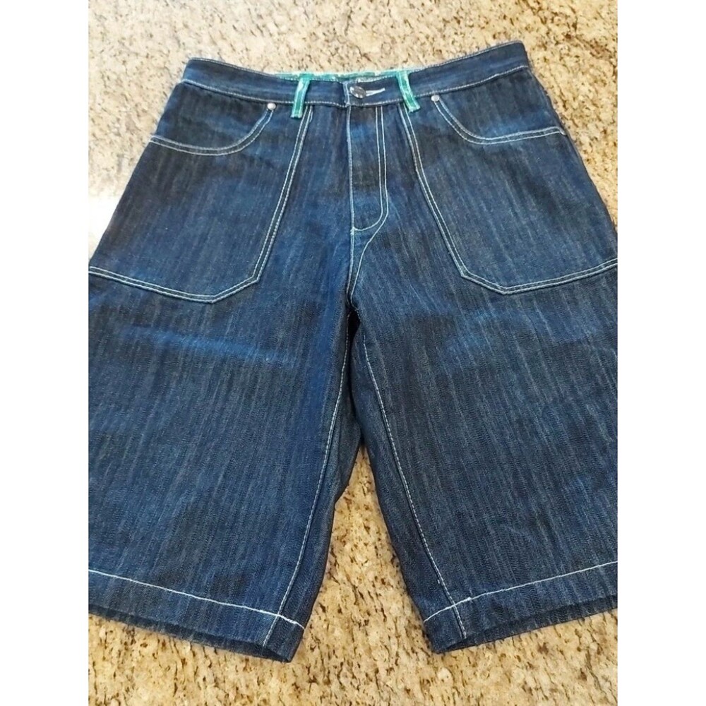 PWJ Dark Indigo Denim skater hip hop Y2K Shorts with Teal Belt Loops